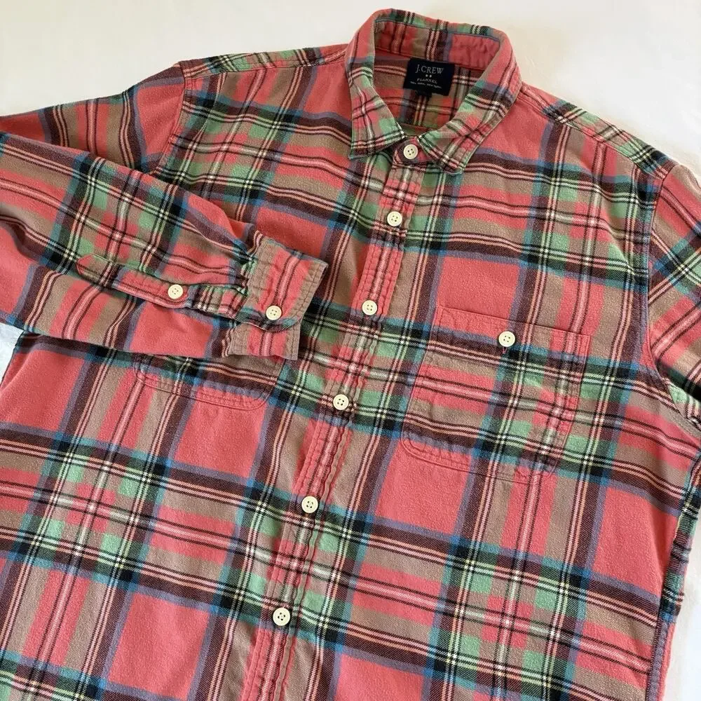 J. Crew Men’s 100% Cotton Flannel Button Down Shirt Size Large Plaid Pink